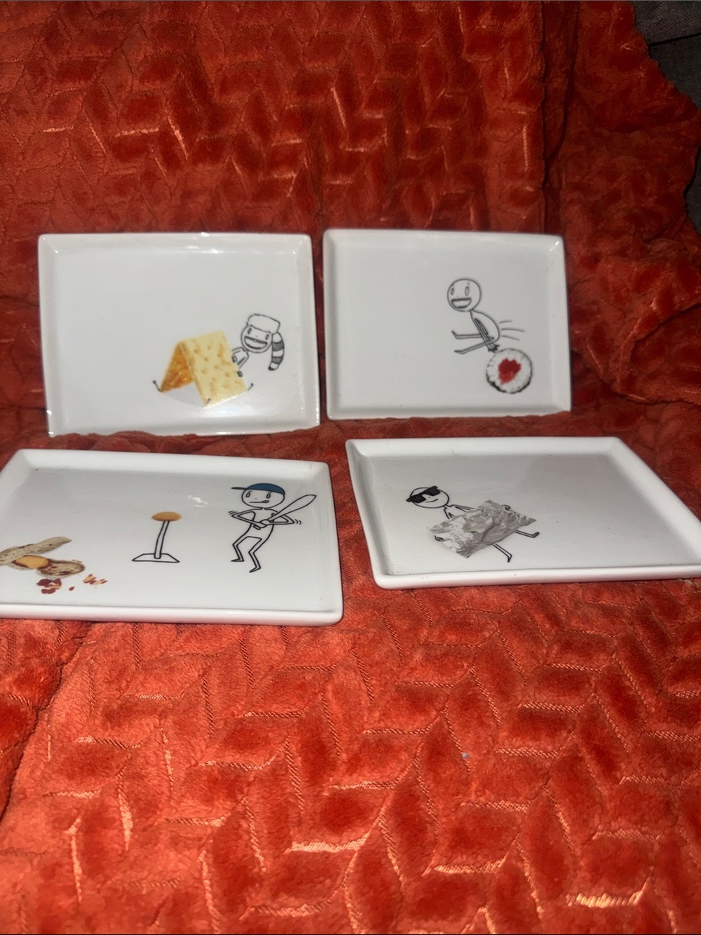 CB2 Rare Stick Figure Comic Food Art Rectangular Appetizer Plates Set of 4